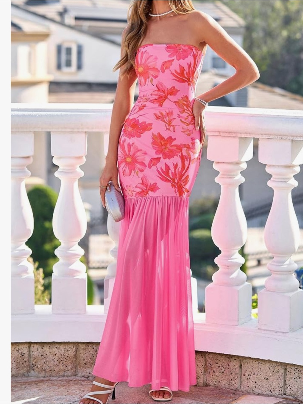 Strapless Pink Floral Mermaid Maxi Dress